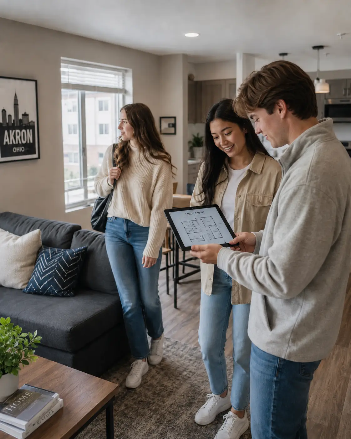 Students touring University Edge apartments in Akron, Ohio during their spring apartment search.