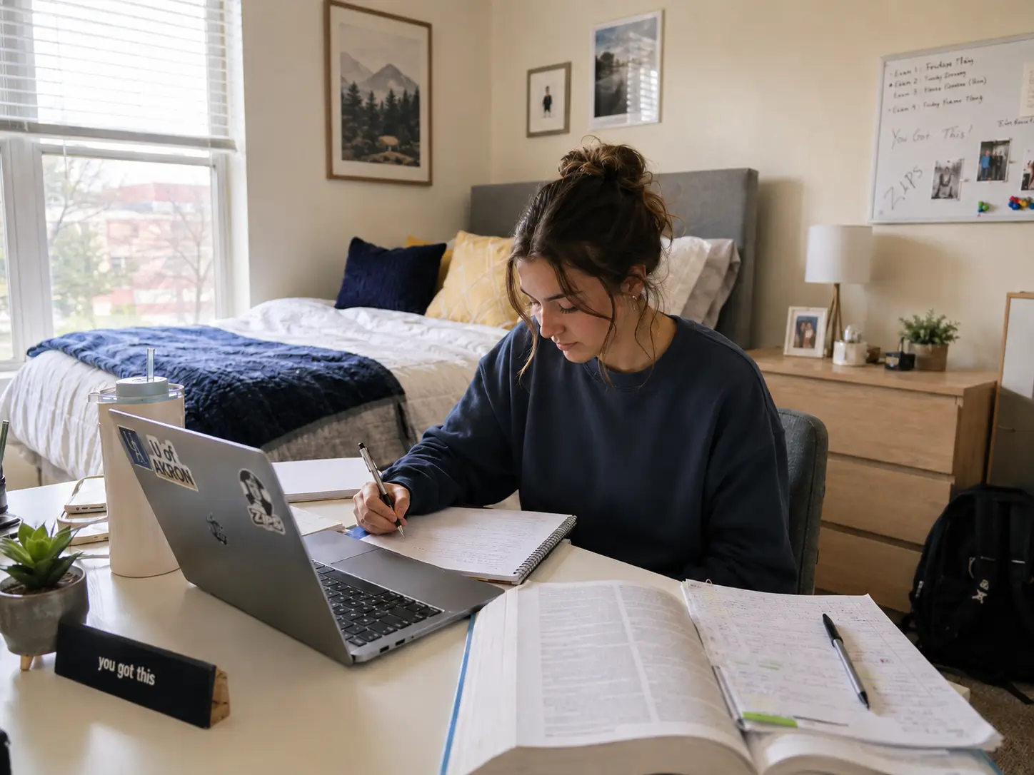 ChatGPT Image Aug 2, 2026, 12_21_13 AM Student studying for finals inside a University Edge apartment in Akron, Ohio.